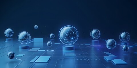 Sci-Fi Inspired Blue Background Featuring 3D Floating Network Orbs, Glowing Digital Mesh Patterns, and Minimal High-Tech Futuristic Design Elements
