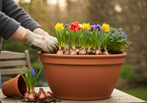 Hands planting flowers in a large terracotta pot