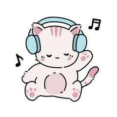 Fototapeta premium White cat listening to music vector illustration 
