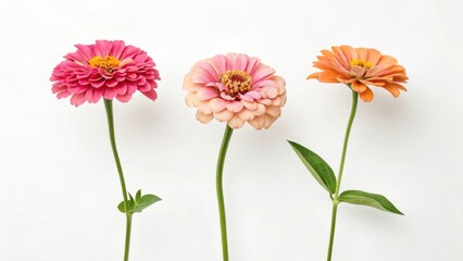 Three zinnia flowers in pink peach and orange with green stems on a white background studio shot