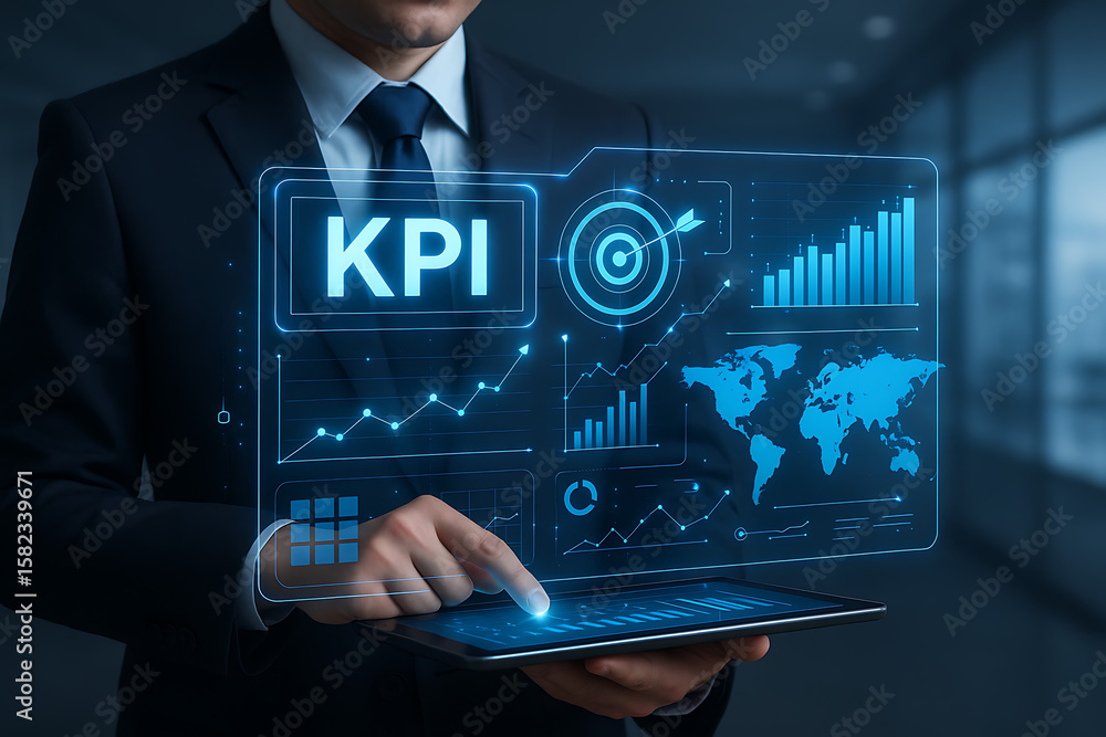 Poster digital kpi interface with data analytics visuals on futuristic tablet for corporate goal tracking, 