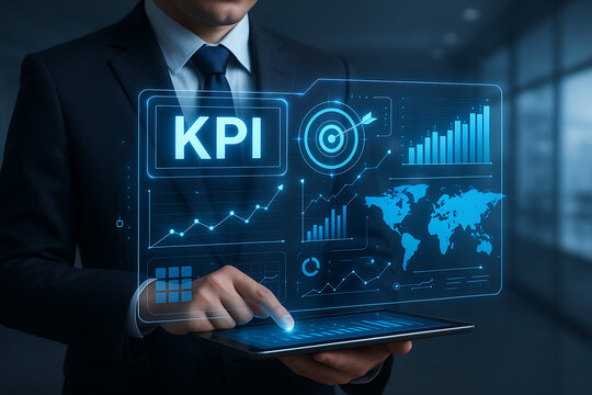 Digital KPI interface with data analytics visuals on futuristic tablet for corporate goal tracking, global metrics overview and strategic business performance insights