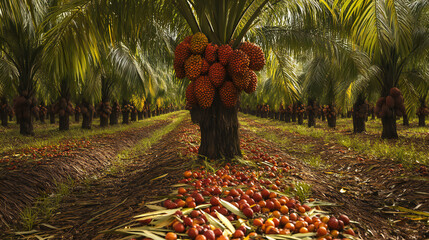Palm Oil Plantation: A Lush Agricultural Landscape with Ripe Fruits