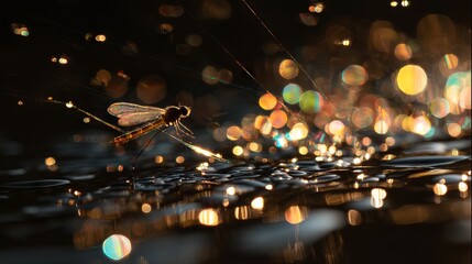 Bokeh of sparkling water droplets and glowing light reflections on dark black background for abstract festive ambiance or elegant celebration design