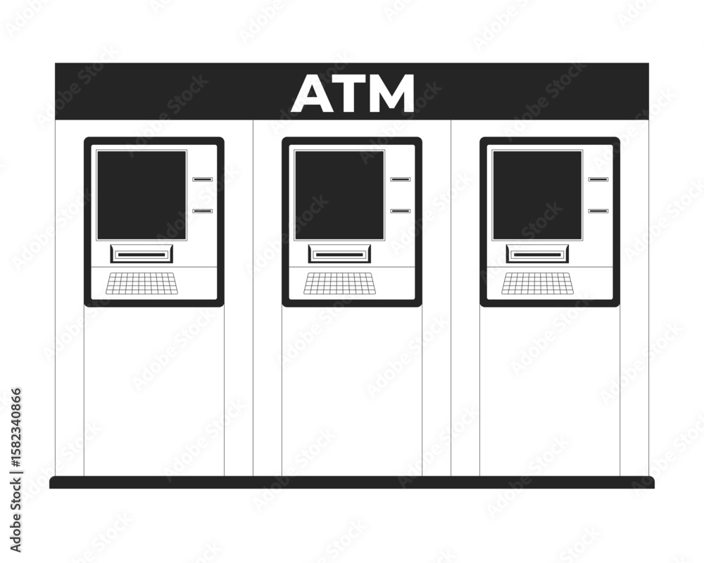 Poster row of atm machines for public banking 2d line object. automated teller devices withdrawal. financia