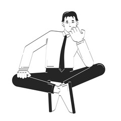 Pensive asian employee sitting cross-legged in thought doodle linear character. Thoughtful chinese businessman crosslegged 2D vector outline person isolated. Hand drawn drawing illustration monochrome