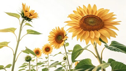Obraz premium A low angle view of several sunflowers with green leaves against a bright white background outdoors