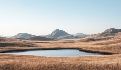 Obraz premium A landscape, with brown and grey hills, blue sky, and a small lake in the foreground