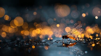 Bokeh of sparkling water droplets and glowing light reflections on dark black background for abstract festive ambiance or elegant celebration design