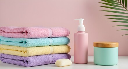 Colorful Stacked Towels and Beauty Products, Spa and Self-Care Essentials