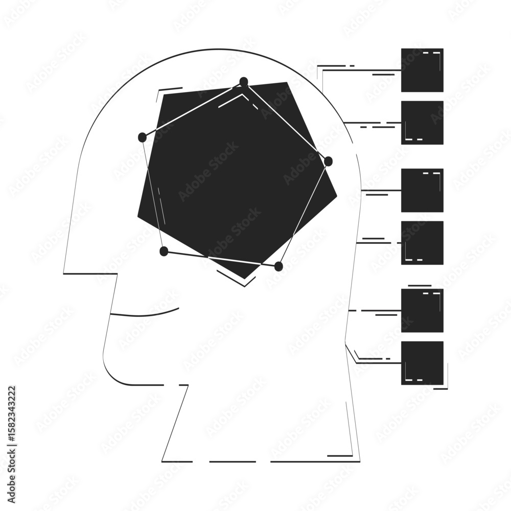 Poster ai-driven analytics doodle line illustration concept. artificial intelligence data science. head wit