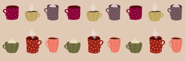 Seamless horizontal border pattern of cozy cartoon mugs, some with whipped cream or steam, on a light beige background. Ideal for hot drinks themes, kitchen textiles, and decorative trims.