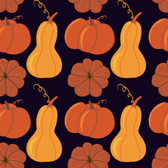 Seamless vector pattern of assorted cartoon pumpkins and gourds in fall colors with swirling vines on a dark purple background. Ideal for autumn harvest themes and festive seasonal decor.