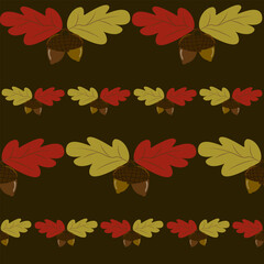 Seamless botanical pattern featuring horizontal rows of oak leaves and acorns in fall colors on a dark brown background. Ideal for rustic autumn textiles and seasonal decor.