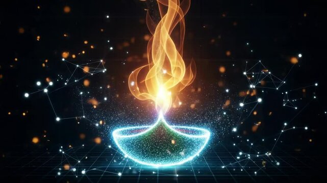 glowing digital diya lamp with a dancing flame sits on a network of light, for spiritual light, cultural tradition, and digital celebration, blending ancient and modern