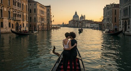 Couple gondola ride sunrise city