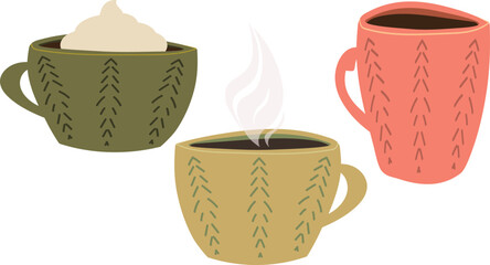 Set of three isolated cozy cartoon mugs: green with whipped cream, yellow with steam, and empty pink. Ideal vector clip art for hot beverage themes, cafe branding and comforting designs.