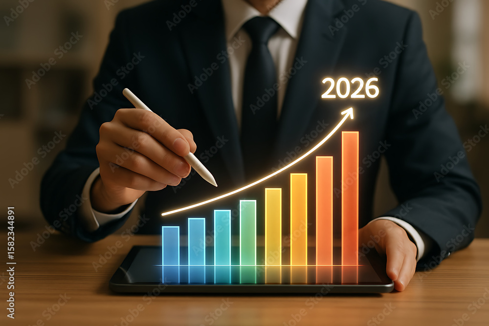 Poster financial growth projection chart with business hand using stylus to increase performance bar data s