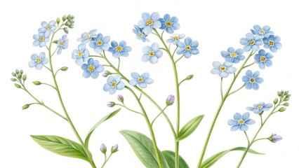 Illustration of forget me not flowers with blue petals and yellow centers on a white background