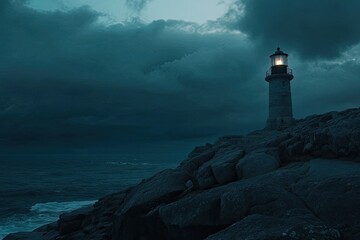 A lighthouse on the rocky coast of Galicia, dark sky, sunset, sea in the background