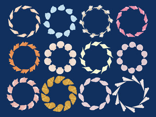 Seashell wreaths collection. Set summer frames. Space for text. For kids projects, greeting cards and ocean-themed designs.