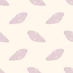 Seamless pattern with stylized purple seashells on a cream background. For summer textiles and beach designs.