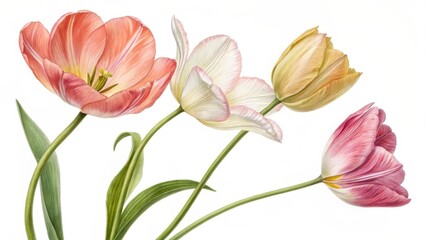 A delicate watercolor painting featuring a collection of tulips in various pastel shades on white