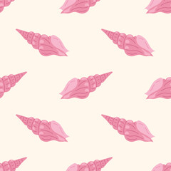 Seamless pattern with stylized pink seashells on a light cream background. For summer textiles and beach designs.
