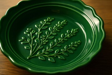 Green ceramic plate with a decorative lavender design resting on a wooden table