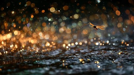 Bokeh of sparkling water droplets and glowing light reflections on dark black background for abstract festive ambiance or elegant celebration design