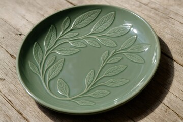 Green empty ceramic plate with decorative leaves on wooden table