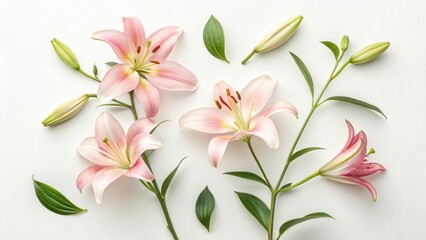 Arrangement of pink lilies with green leaves and buds on a clean white surface flat lay style