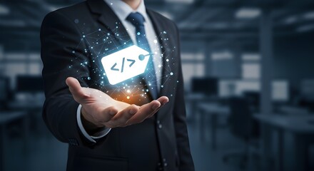 Businessman Presenting Code Tag Icon, Software Development, Web Programming, Digital Solution