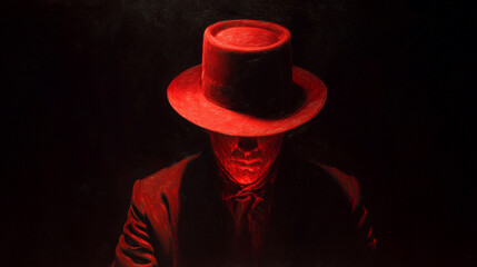 A man in a red-lit wide-brimmed hat stares downward, obscuring his face, casting shadows on a dark background, creating a mysterious and enigmatic atmosphere.