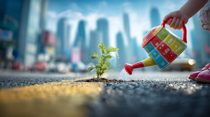 A small green plant sprouts from a crack in the urban pavement as a child waters it using a colorful watering can, with city skyscrapers blurred in the background.