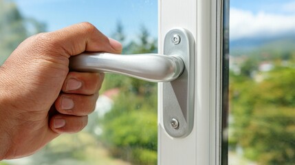 Hand opening window door outdoors