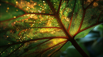 Obraz premium Sunlit veins and patterns create a magical texture on a translucent green leaf, showcasing nature's beauty in this stunning botany exploration.
