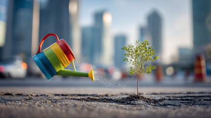 A small plant grows from a city pavement's crack as a colorful watering can pours water next to it, with blurred skyscrapers in the background suggesting an urban setting.
