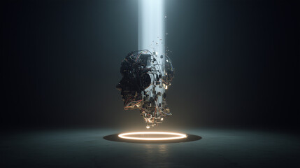 A fragmented, digital human head hovers under a beam of light, composed of various circuits and mechanical parts, with a glowing circle on the ground beneath it.