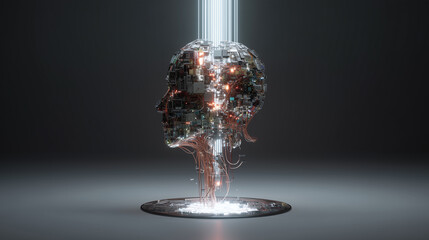 A digital human head consisting of electronic components and circuits is illuminated by vertical light beams, resting on a circular platform in a dark space.