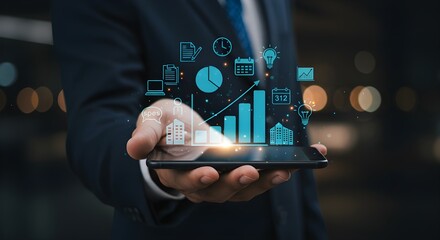 Businessman Holding Mobile Phone with Business Analytics Data and Icons