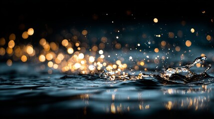 Bokeh of sparkling water droplets and glowing light reflections on dark black background for abstract festive ambiance or elegant celebration design