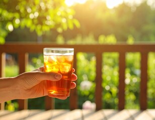 夏の光と涼しさ：テラスで味わう冷たいアイスティー