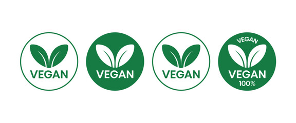 Vegan round icons set. Vegan food sign with leaves. Logo. Tag for cafe restaurants packaging design. Bio, Ecology, Organic Logos and Badges, Label. Vega