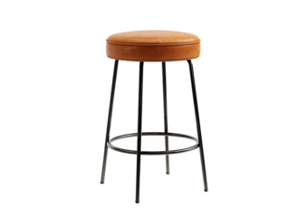 Modern brown leather bar stool with black metal legs on transparent background