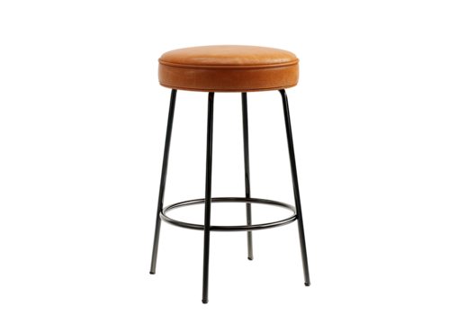 Modern brown leather bar stool with black metal legs on transparent background