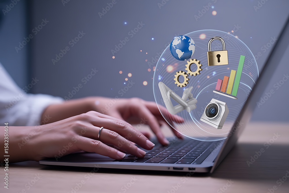 Poster person typing on laptop with digital security and data visualization icons hands keyboard