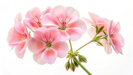 A close up of a cluster of light pink geranium flowers against a white background in soft focus