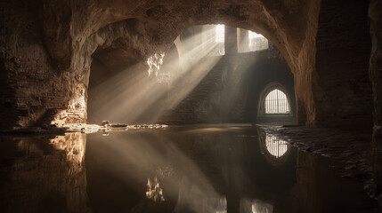 Sunlight streams through arched windows of a stone cavern, casting beams on the water below. Reflections shimmer on the surface, accentuating the ancient structure.