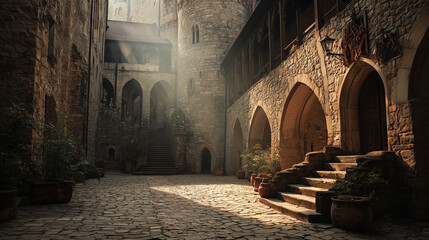 Sunlight filters through an arched passageway in a stone courtyard, casting light and shadow over steps and potted plants. The architecture suggests a castle or historical site.